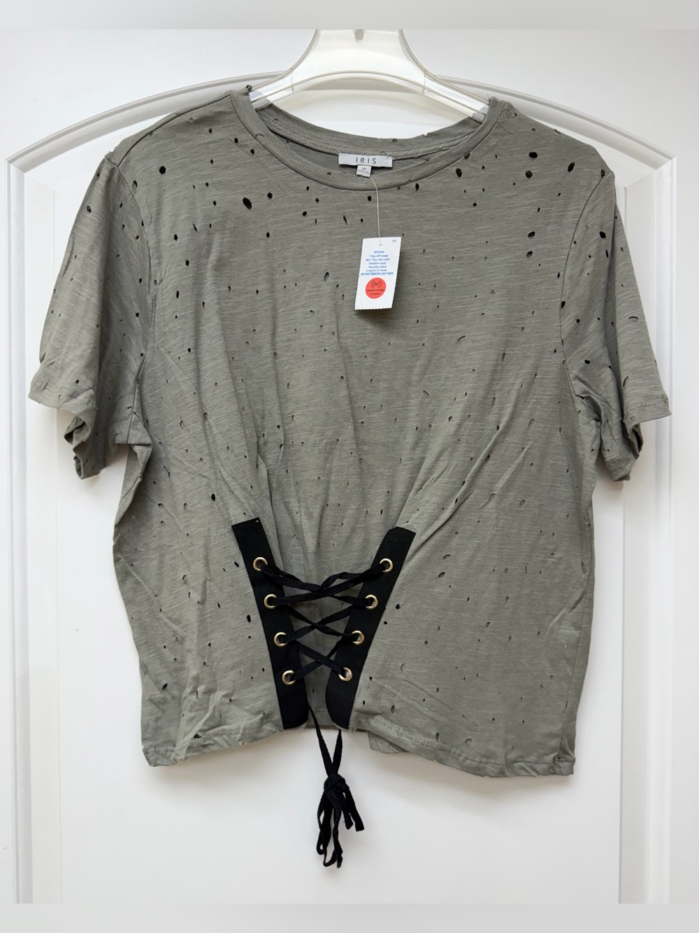 135: iris Olive Green Distressed Short Sleeve Lace-Up Tee - 2X